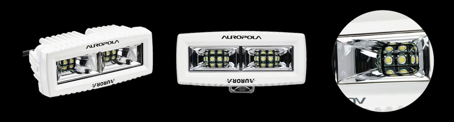 Фары AURORA ALO-M-L-4-E13T в разных ракурсах.